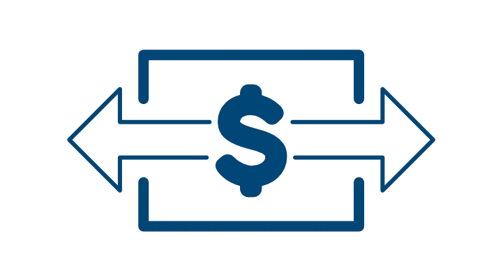 Decorative icon of screen with money symbol and two arrows pointing away from it